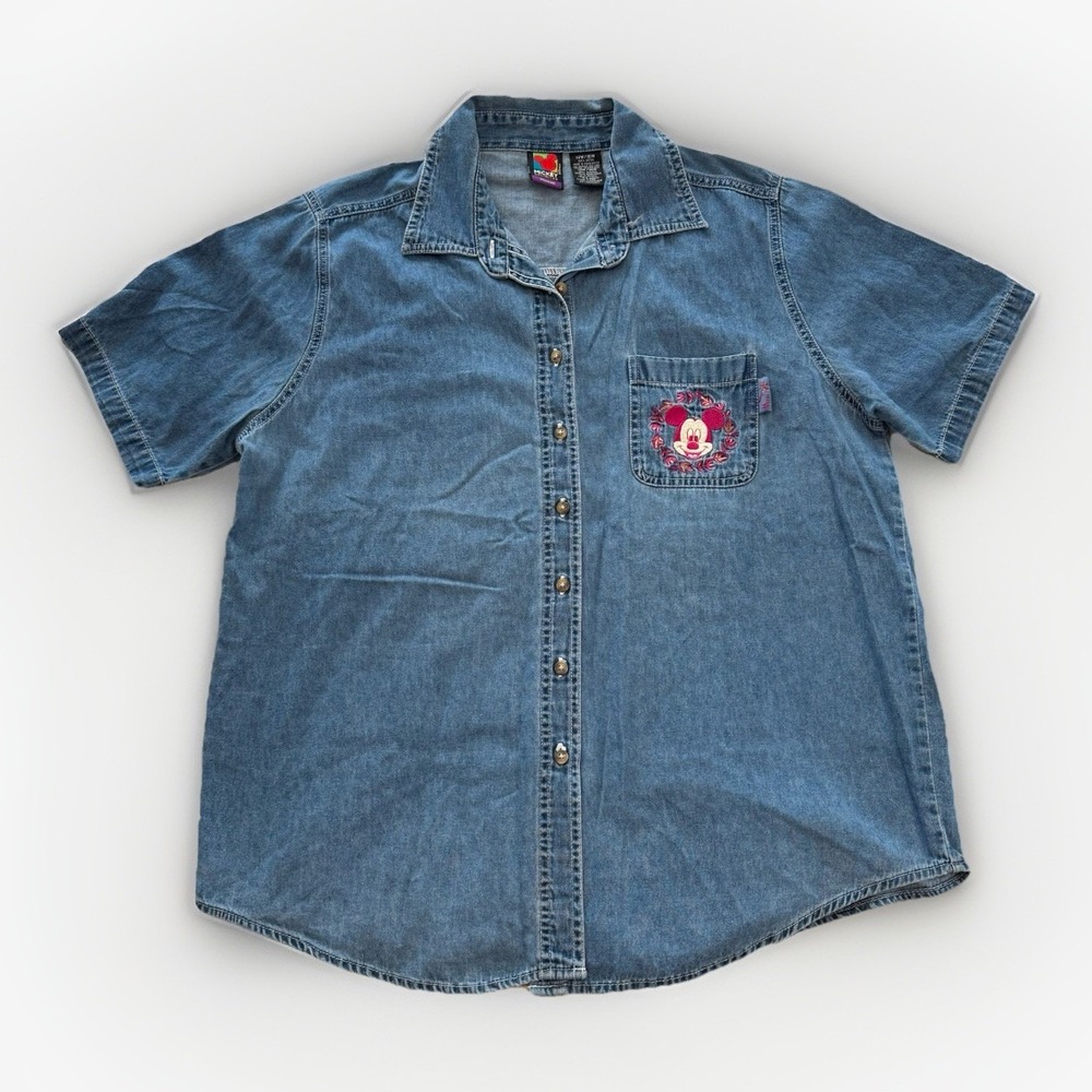 VTG Women's Denim Mickey Mouse Button Up Short Sleeve Shirt 90s Disney‎ 14/16W